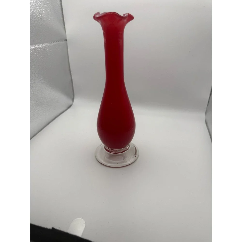 Vintage Red Cased Glass Bud Vase Ruffled Rim Clear Base Mid Century Decor 7.5